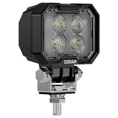Quadratischer LED-Scheinwerfer mit vier kreisförmigen Glühbirnen und einem robusten schwarzen Gehäuse. Mit dem Aufdruck 'OSRAM' versehen, ist er an einem verstellbaren Halterungsbügel montiert.