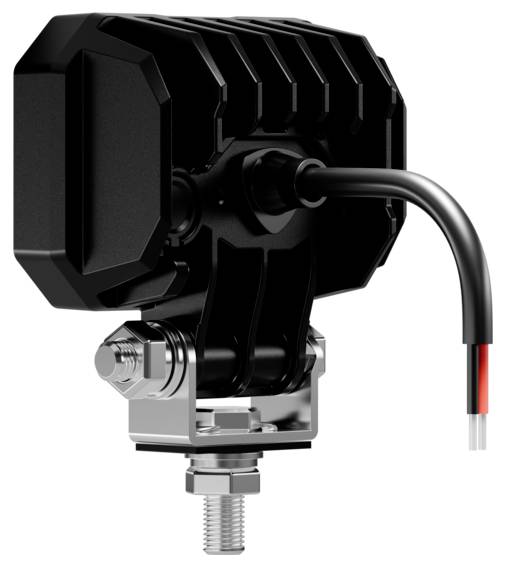 Eine schwarze industrielle LED-Leuchte in Gebrauchsqualität mit Befestigungsmaterial und Kabeln, für den Außeneinsatz konzipiert.