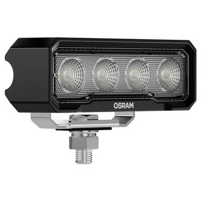 Rechteckige LED-Lichtleiste mit vier kreisförmigen Linsen auf einem Metallhalter, mit der Aufschrift "OSRAM". Geeignet für Fahrzeuge oder Outdoor-Einsatz.