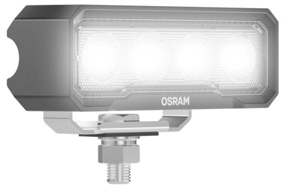 Eine rechteckige LED-Leuchte mit vier hellen Glühbirnen, montiert auf einem Metallhalterung. Die Frontplatte ist mit 'OSRAM' gekennzeichnet.