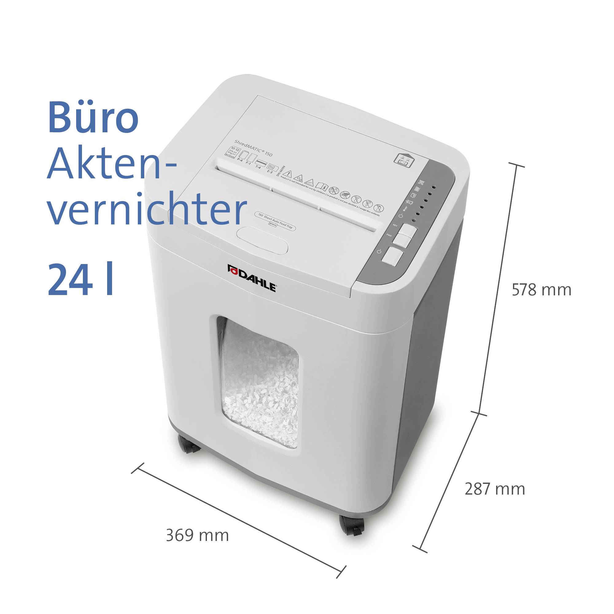 Dahle ShredMATIC 150 Aktenvernichter 150 Blatt Partikelschnitt 4 x 12 mm P-4 24 l Vernichtet auch Büroklammern, Heftklam-16