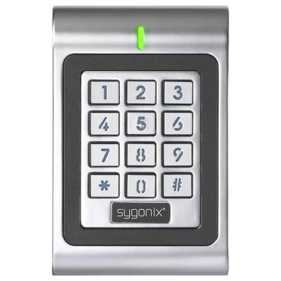 "Eine Metall-Tastatur mit 12 nummerierten Tasten und Symbolen, zur Zugangskontrolle verwendet, mit der Beschriftung "sygonix" und einer grünen Kontrollleuchte oben."