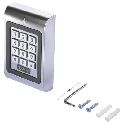 Ein silberner Türschloss-Keypad mit einem nummerierten Tastaturfeld, auf dem das Etikett 'sygonix' angebracht ist, zusammen mit Schrauben und einem Installationswerkzeug.