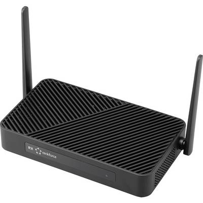 Ein schwarzer WLAN-Router mit zwei Antennen, mit einer strukturierten Oberfläche und einer kleinen Anzeige-LED.