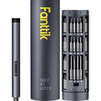 Ein schlankes graues Präzisionsschraubendreher-Set, das mehrere Bits zeigt, mit einem zylindrischen Aufbewahrungskoffer, beschriftet mit 'Fanttik NEX E1 Ultra'.