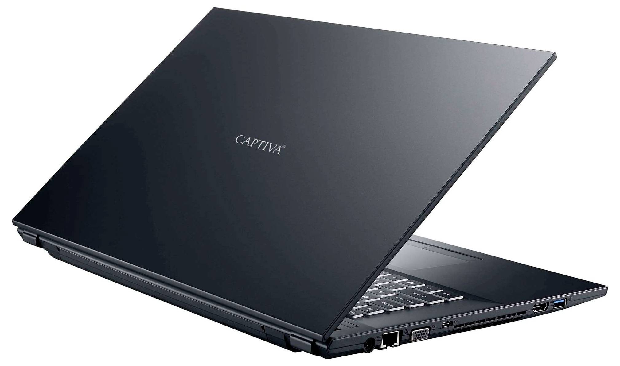 Ein schwarzer Captiva-Laptop, leicht geöffnet, die Seite mit USB- und HDMI-Anschlüssen sichtbar.