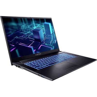 Ein schlankes, offenes Laptop mit einer beleuchteten Tastatur zeigt ein digitales abstraktes Muster auf seinem Bildschirm, das ein blau-lila geometrisches Design aufweist.