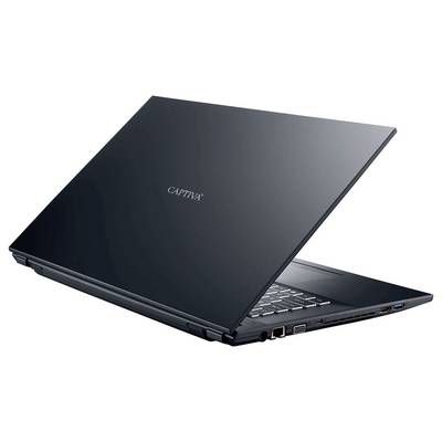 Ein schwarzer Laptop mit der Aufschrift 'CAPTIVA' auf dem Deckel, leicht geöffnet, zeigt Anschlüsse an der Seite, einschließlich USB und VGA.