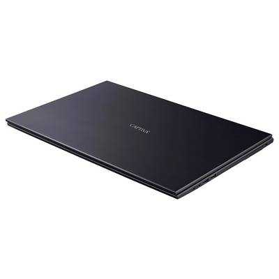 Ein geschlossener schwarzer Laptop mit dem Wort "captiv" auf dem Deckel, aus einer leicht seitlichen Perspektive betrachtet.