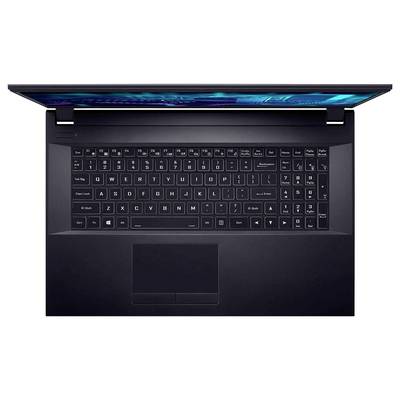 Ein schwarzer Laptop von oben betrachtet, der eine vollständige QWERTY-Tastatur mit Ziffernblock und einem großen Touchpad zeigt.