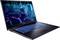 Ein schlanker Laptop mit einer leuchtenden, beleuchteten Tastatur und einem futuristischen digitalen Design, das auf dem Bildschirm angezeigt wird.