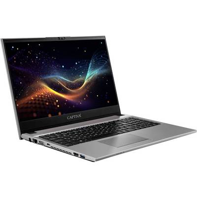 Ein silberner Laptop mit einem bunten digitalen Wellenmuster auf dem Bildschirm, der schräg geneigt ist, um die Tastatur und Anschlüsse an der Seite zu zeigen.