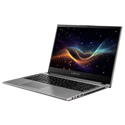 Ein silberner Laptop mit einer fesselnden digitalen Kunstdarstellung, die auf dem Bildschirm farbenfrohe, abstrakte Wellen zeigt, mit der Markenbezeichnung ‚CAPTIVA'.