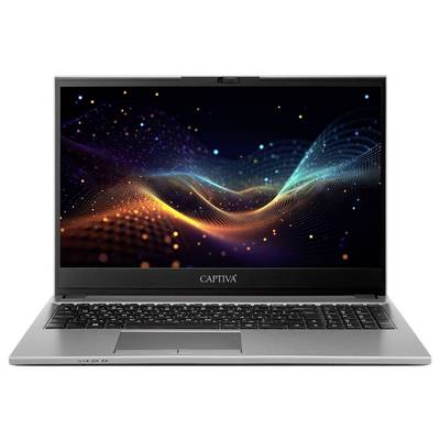 Ein silberner Laptop zeigt ein buntes digitales Wellenmuster auf seinem Bildschirm, mit dem 'Captiva'-Logo am unteren Displayrand, was die Marke anzeigt.