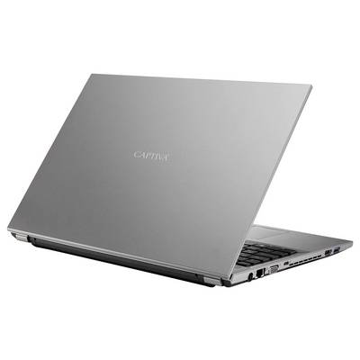 Silberner Laptop mit der Aufschrift 'CAPTIVA' auf der geschlossenen Oberseite, präsentiert Seitenports und Tastaturkante und deutet damit auf ein schlankes Design und Konnektivitätsfunktionen hin.