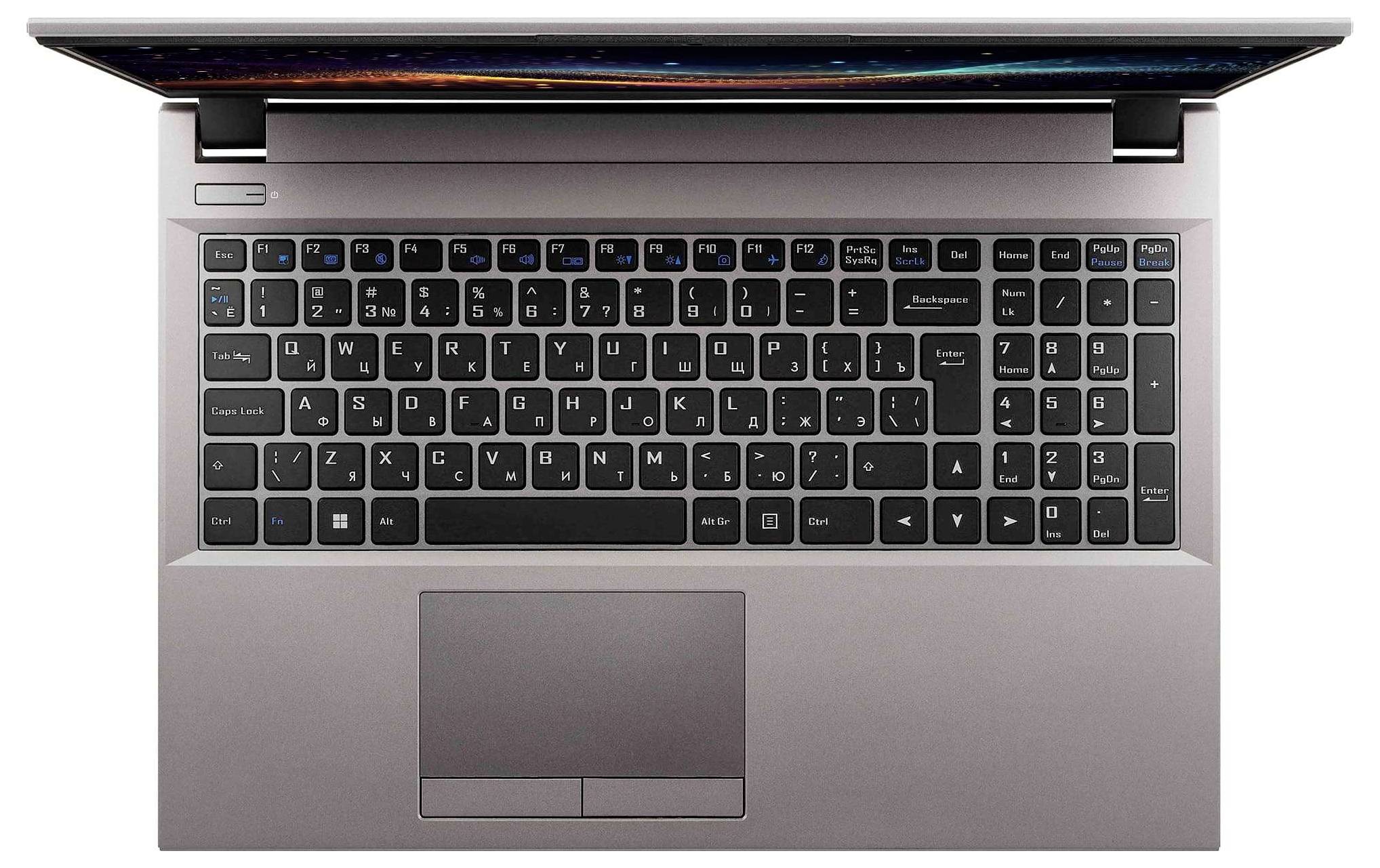 Eine silberne Laptop-Tastatur mit einem Touchpad darunter, von oben betrachtet. Der Bildschirm zeigt ein buntes abstraktes Muster am oberen Rand.