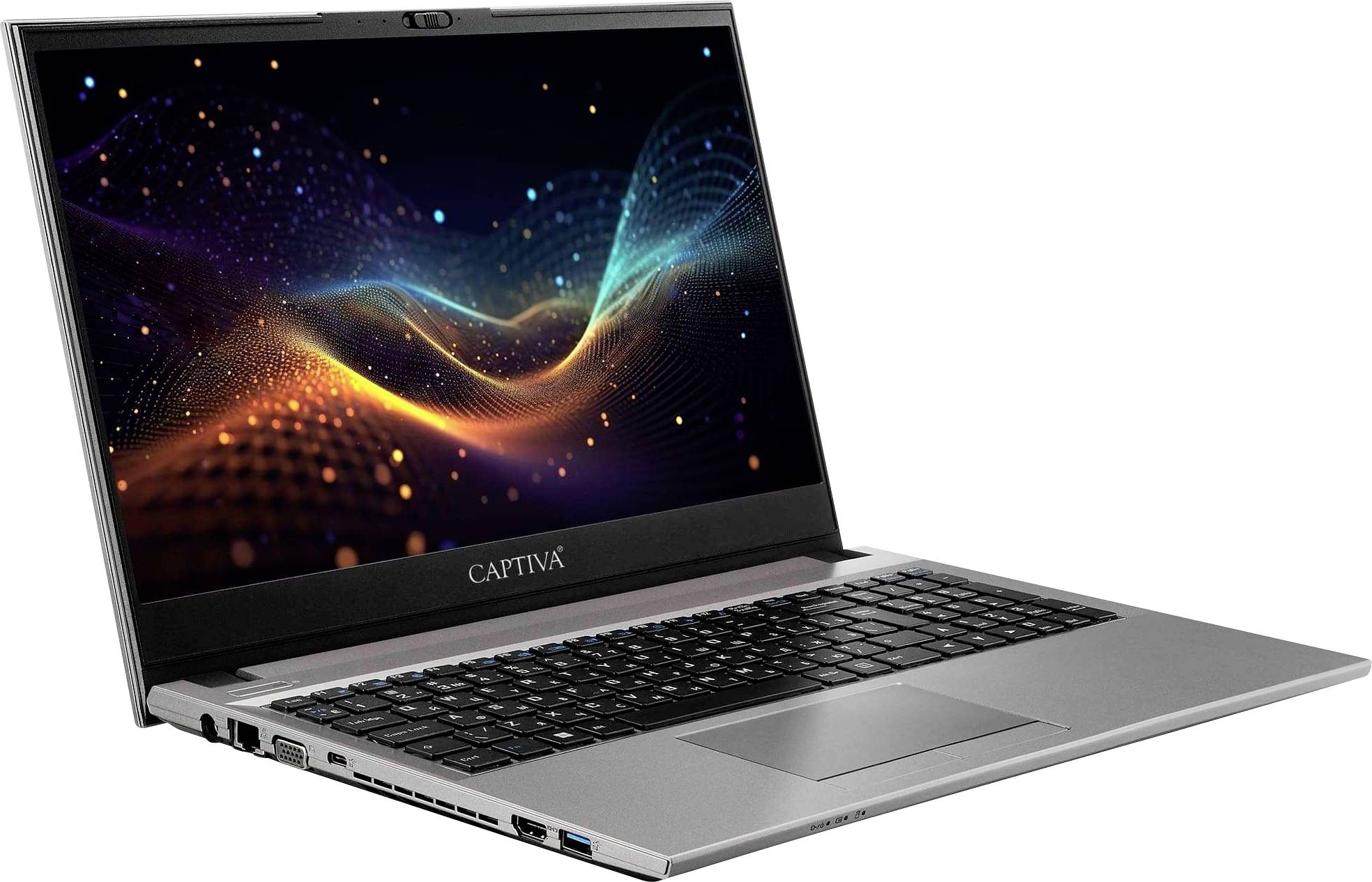 Ein grauer Laptop ist geöffnet mit einem bunten digitalen Wellendesign auf seinem Bildschirm. Der Markenname 'Captiva' wird unterhalb des Bildschirms angezeigt.