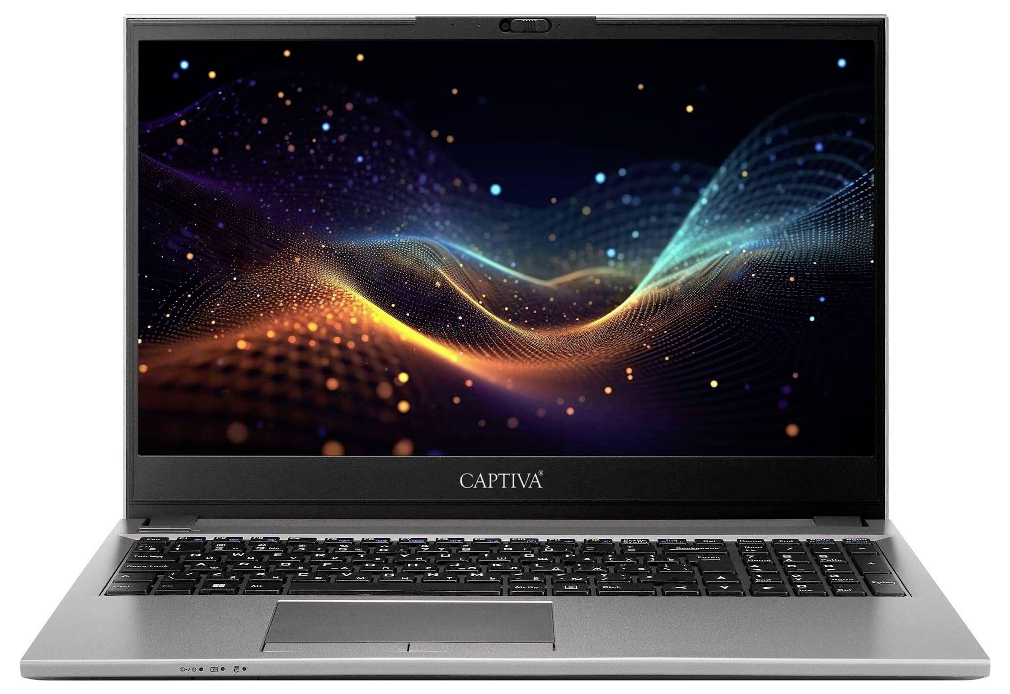 Ein Laptop-Computer mit einem Bildschirm, der eine abstrakte digitale Welle mit leuchtenden Partikeln auf einem dunklen Hintergrund zeigt.
