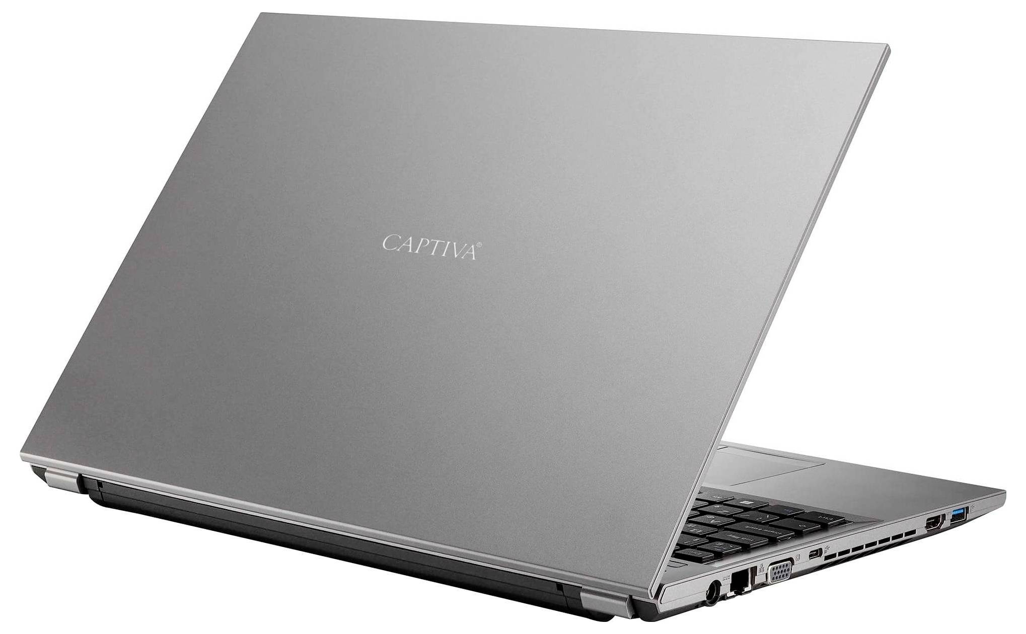 Silberner Laptop mit 'Captiva'-Logo auf der Rückseite, von hinten betrachtet, mit verschiedenen Anschlüssen entlang des Randes.