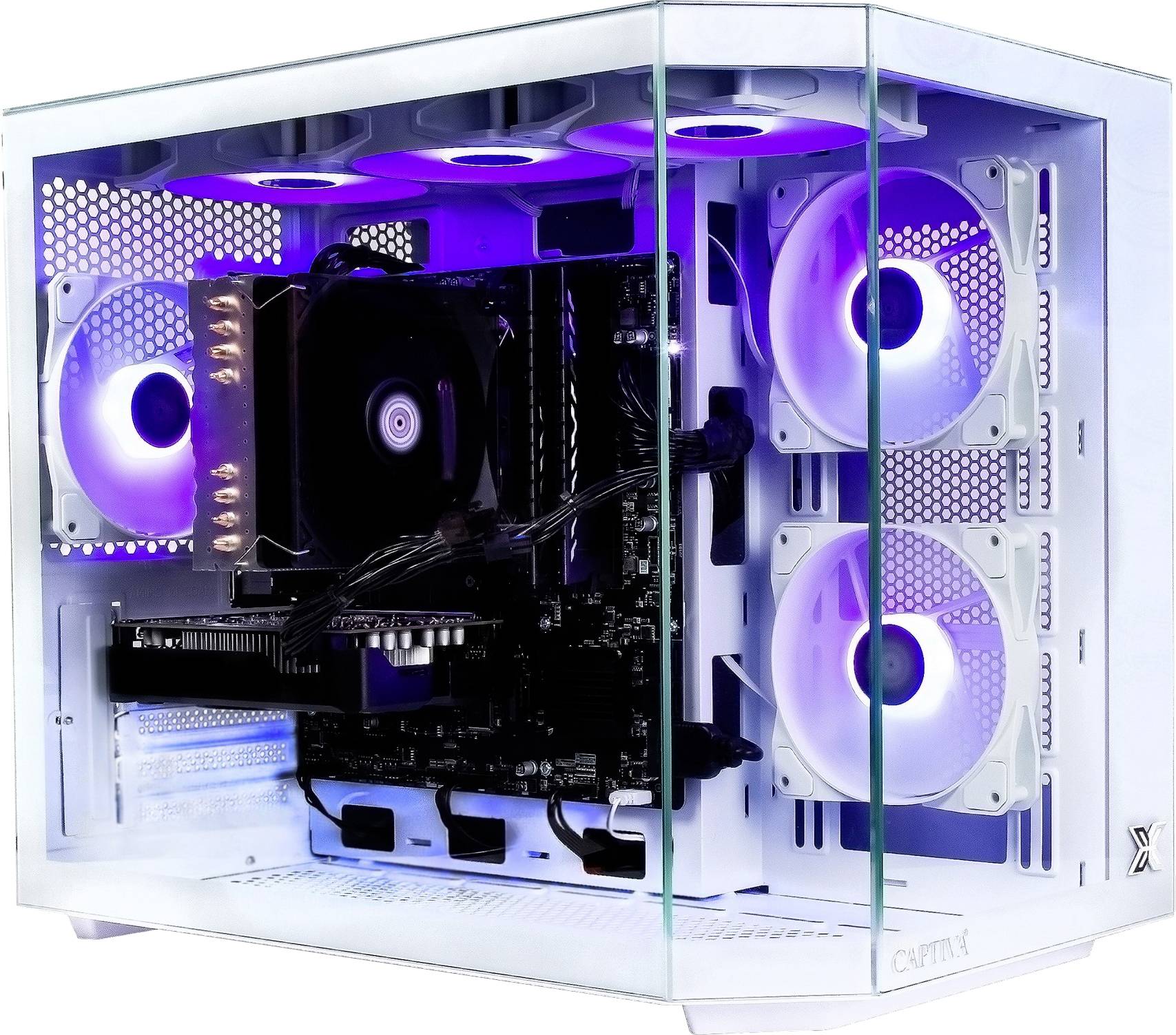 Ein leuchtender Gaming-PC, der Innenkomponenten mit violetter LED-Beleuchtung zeigt, einschließlich Lüftern und einer Grafikkarte, in einem Gehäuse mit Glasscheibe.