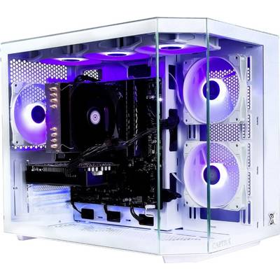 Ein leuchtender Gaming-PC, der Innenkomponenten mit violetter LED-Beleuchtung zeigt, einschließlich Lüftern und einer Grafikkarte, in einem Gehäuse mit Glasscheibe.