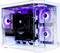 Ein leuchtender Gaming-PC, der Innenkomponenten mit violetter LED-Beleuchtung zeigt, einschließlich Lüftern und einer Grafikkarte, in einem Gehäuse mit Glasscheibe.
