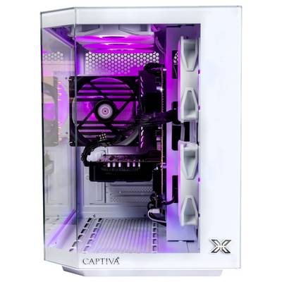 Ein weißer und lila beleuchteter Gaming-Computertower mit sichtbaren Innenkomponenten wie Kühlventilatoren und Verkabelung, der durch ein Glasfenster zu sehen ist.
