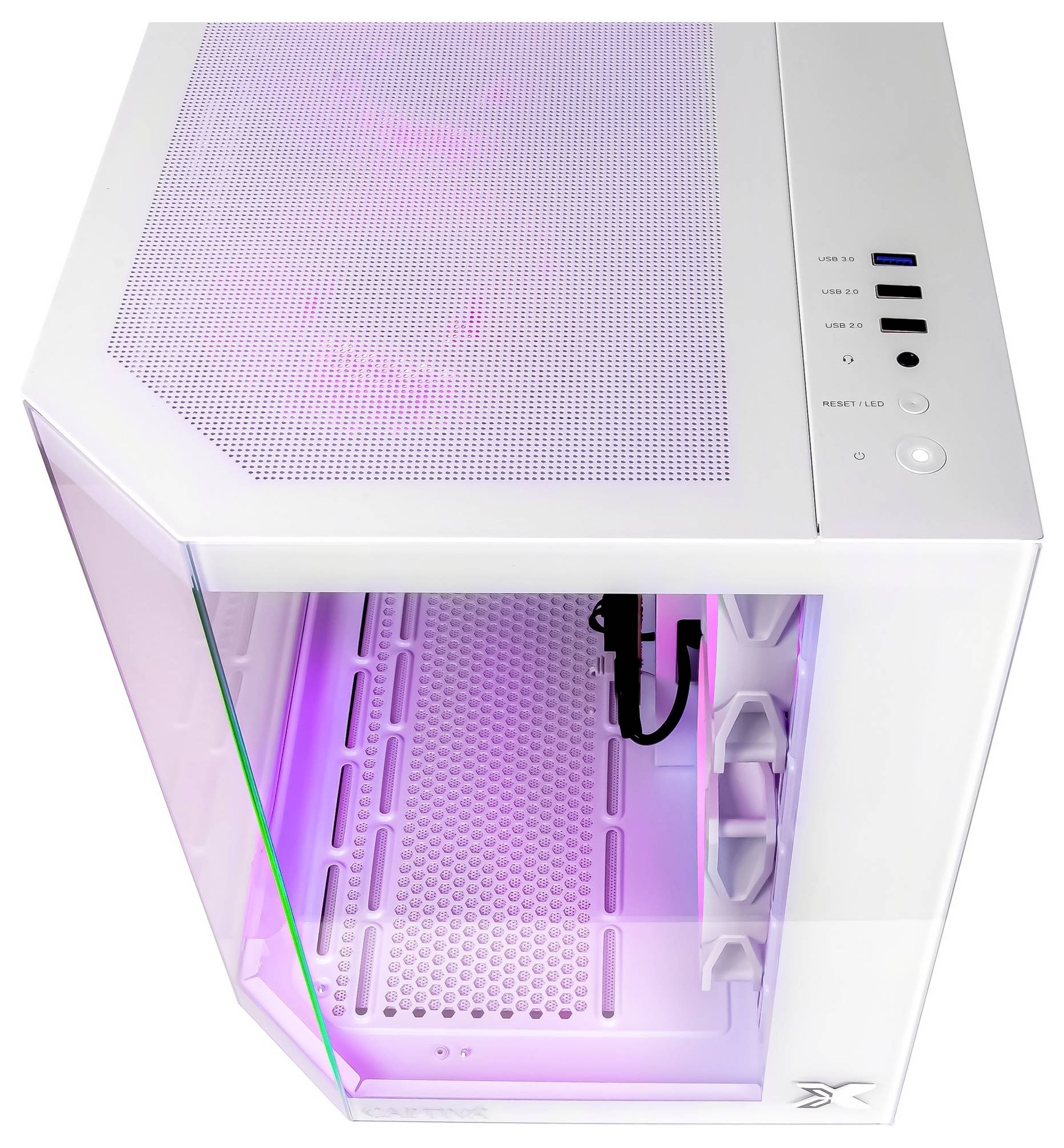 Weißes Computergehäuse mit Seitenpanel aus Glas, Lüftungsöffnung am Deckel, USB-Anschlüssen und Bedienelementen an der Frontseite. Innenraum mit violetter LED-Beleuchtung ausgeleuchtet.