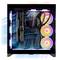 Ein Gaming-PC mit sichtbarer LED-Beleuchtung und Kühlventilatoren, der eine 'GEFORCE RTX' Grafikkarte in einem eleganten Gehäuse präsentiert.