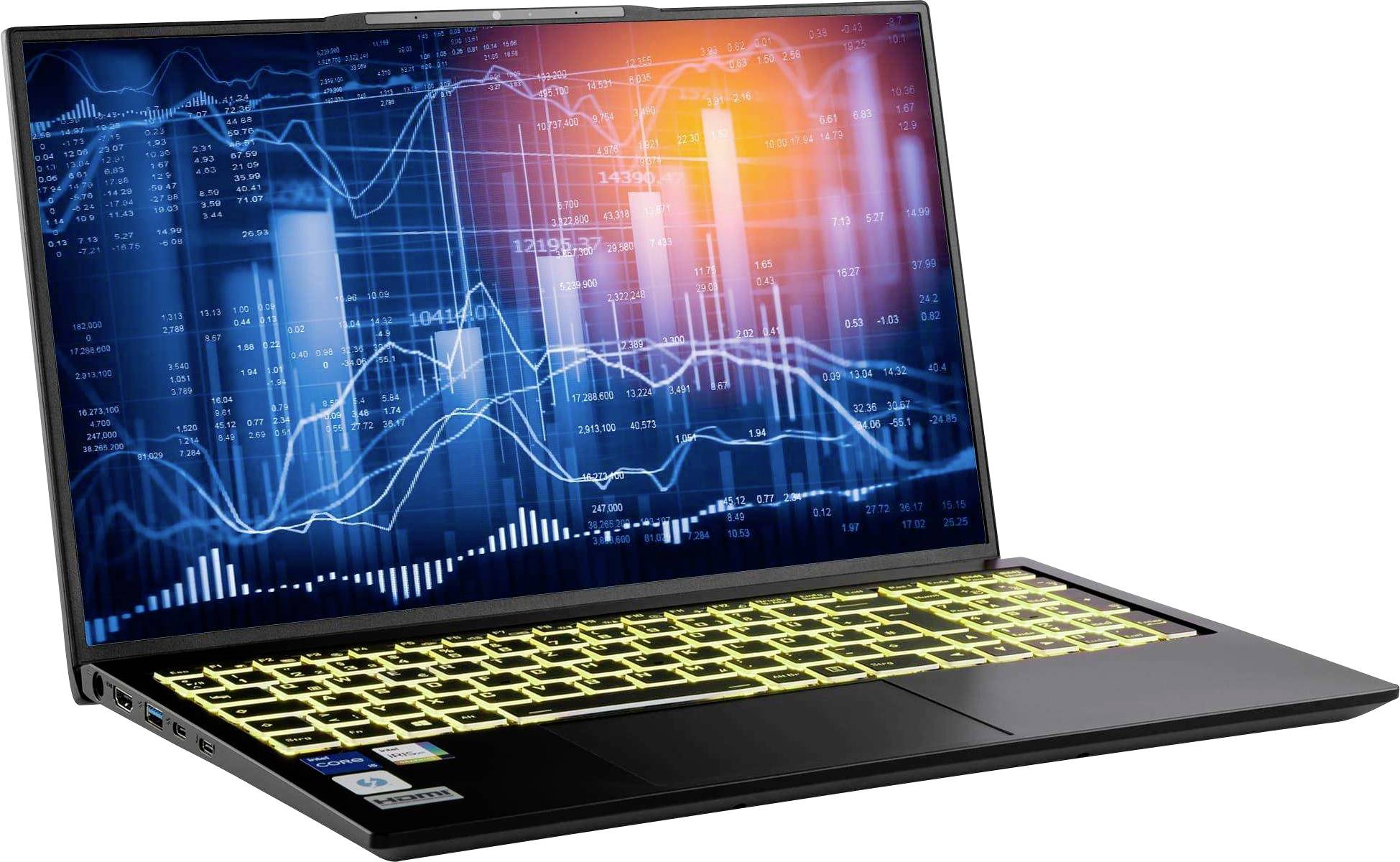 Ein Laptop mit einer leuchtend gelben Tastatur zeigt einen Bildschirm, der mit komplexen Finanzgrafiken und -diagrammen gefüllt ist und eine Datenanalyse andeutet.