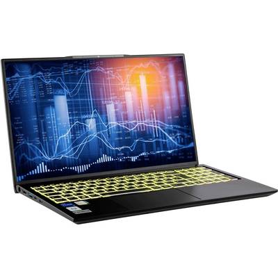 Ein Laptop mit einer leuchtend gelben Tastatur zeigt einen Bildschirm, der mit komplexen Finanzgrafiken und -diagrammen gefüllt ist und eine Datenanalyse andeutet.