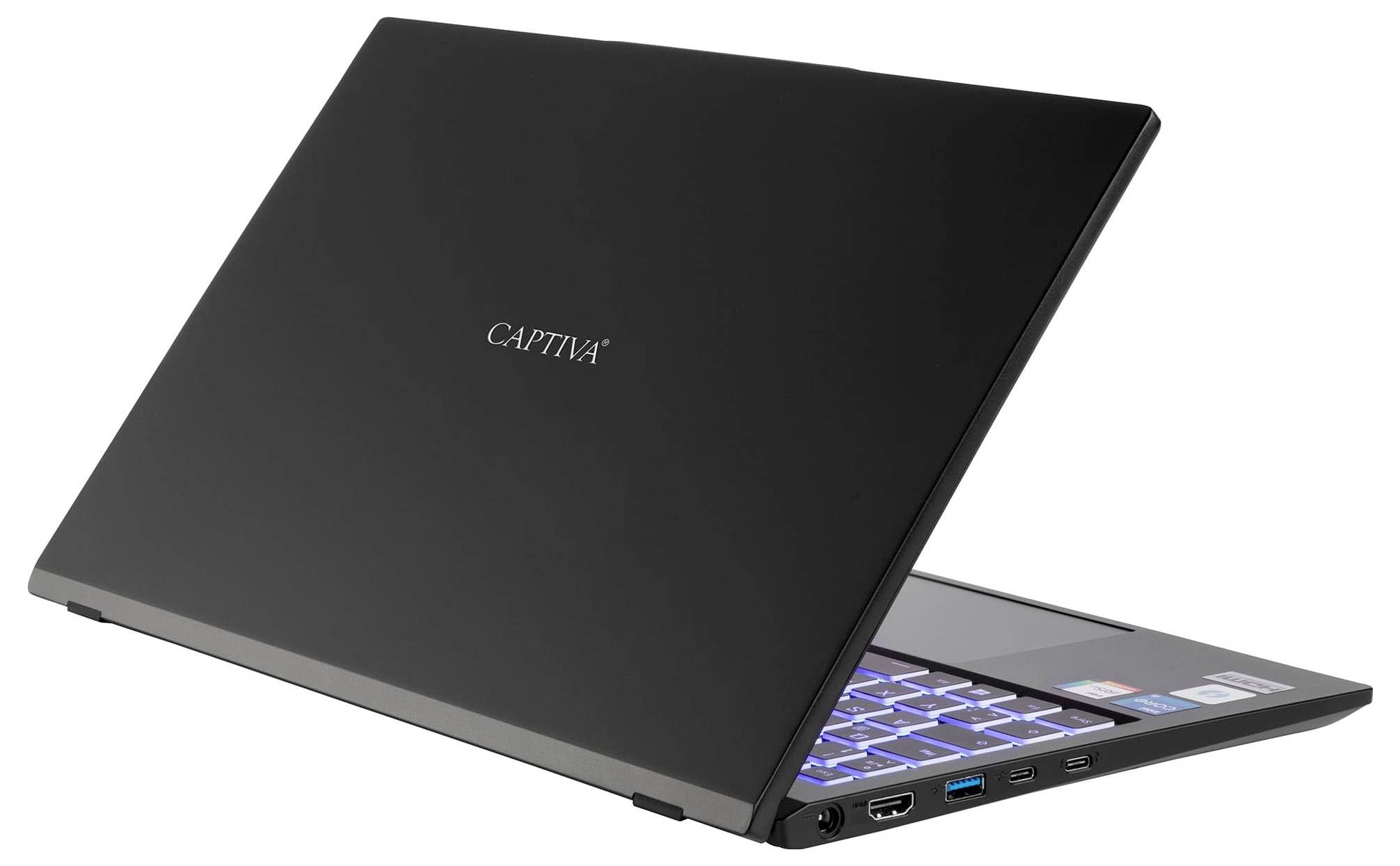 Ein schlanker schwarzer Laptop mit teilweise geöffnetem Deckel, der eine leuchtende Tastatur zeigt. Der Markenname ist auf der Rückseite des Bildschirms zu sehen.