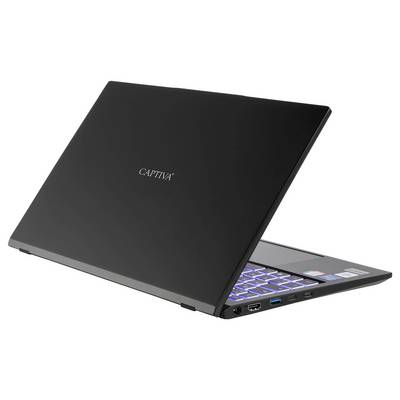 Ein schlanker schwarzer Laptop mit teilweise geöffnetem Deckel, der eine leuchtende Tastatur zeigt. Der Markenname ist auf der Rückseite des Bildschirms zu sehen.