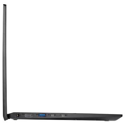 Ein Seitenblick auf einen schlanken, offenen Laptop, der seine Anschlüsse wie HDMI, USB und USB-C auf einem weißen Hintergrund zeigt.