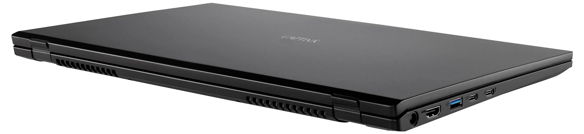 Geschlossener schwarzer Laptop, der Anschlüsse für Konnektivität an der Seite zeigt.