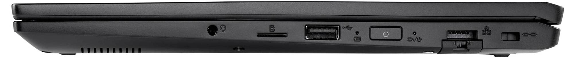 Schlanker schwarzer Laptop aus Seitenperspektive, mit sichtbaren Anschlüssen wie USB, Ethernet und Stromverbindern.