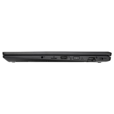 Schlanker schwarzer Laptop aus Seitenperspektive, mit sichtbaren Anschlüssen wie USB, Ethernet und Stromverbindern.