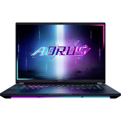 Ein schlankes Laptop mit einem neonbeleuchteten Bildschirm, auf dem das Wort 'AORUS' vor einer futuristischen Kulisse angezeigt wird. Die Tastatur ist mit bunten Lichtern beleuchtet.