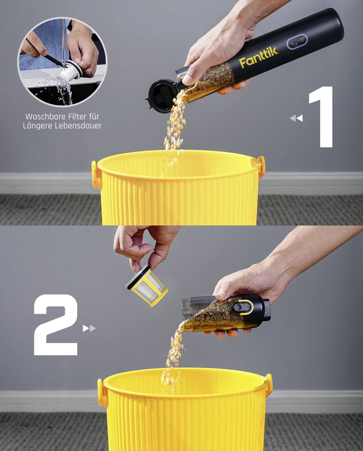 'Bild zeigt einen Handstaubsauger, der in einen gelben Behälter entleert wird. Schritte: 1) Öffnen und Schmutz ausleeren. 2) Filter entnehmen und reinigen für längere Lebensdauer.'