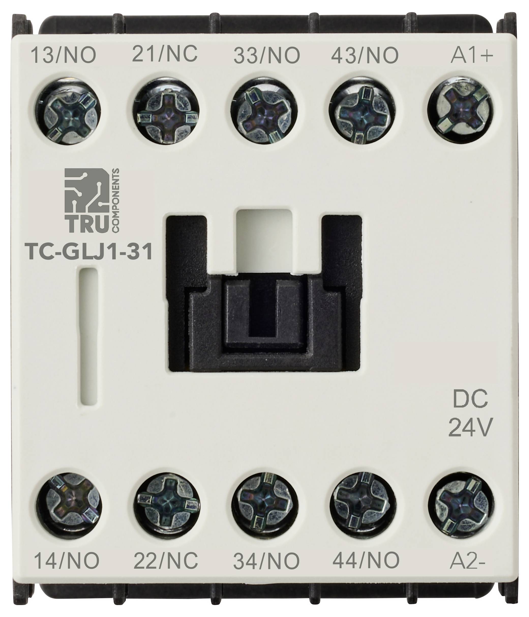 Ein weißes elektrisches Relais mit zehn Anschlüssen, beschriftet mit 13/NO, 21/NC, 33/NO, 43/NC, A1+, 14/NO, 22/NC, 34/NO, 44/NC, A2-. Markiert mit 'TC-GLJ1-31' und 'DC 24V'.
