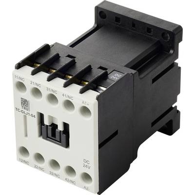 Ein schwarzer und weißer elektrischer Schütz mit mehreren Anschlüssen, auf der Vorderseite mit ‚DC 24V' beschriftet, der zur Steuerung elektrischer Schaltkreise verwendet wird.