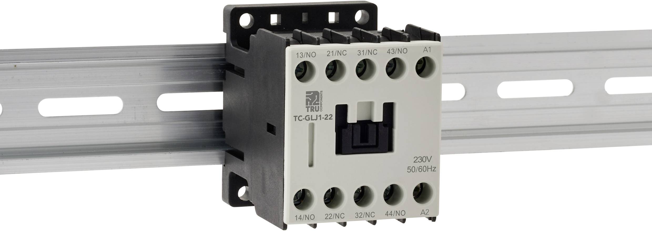 Ein Schütz, montiert auf einer Hutschiene, mit der Bezeichnung 'TG-GLJ1-22', mit mehreren Anschlusspunkten zur Steuerung elektrischer Schaltkreise, gekennzeichnet mit '220V 50/60Hz'.