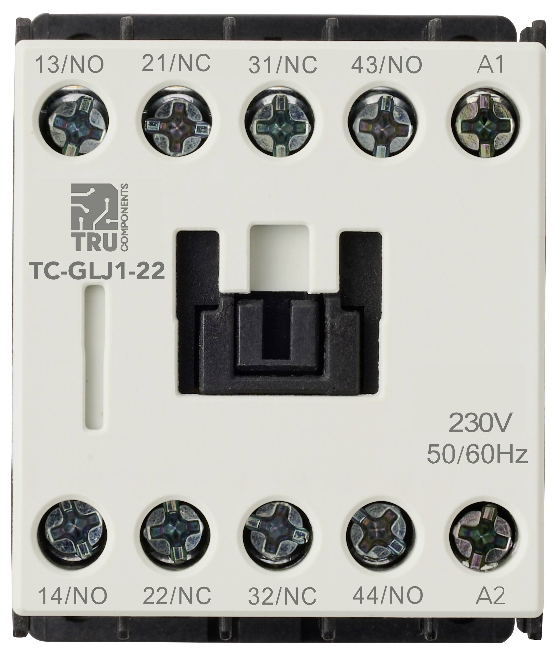 'TC-GLJ1-22 Schütz von TRU Components, 230V, 50/60Hz, mit Schraubklemmen für Anschlüsse A1, A2, 13/NO, 14/NO, 21/NC, 22/NC, 31/NC, 32/NC, 43/NO, 44/NO."