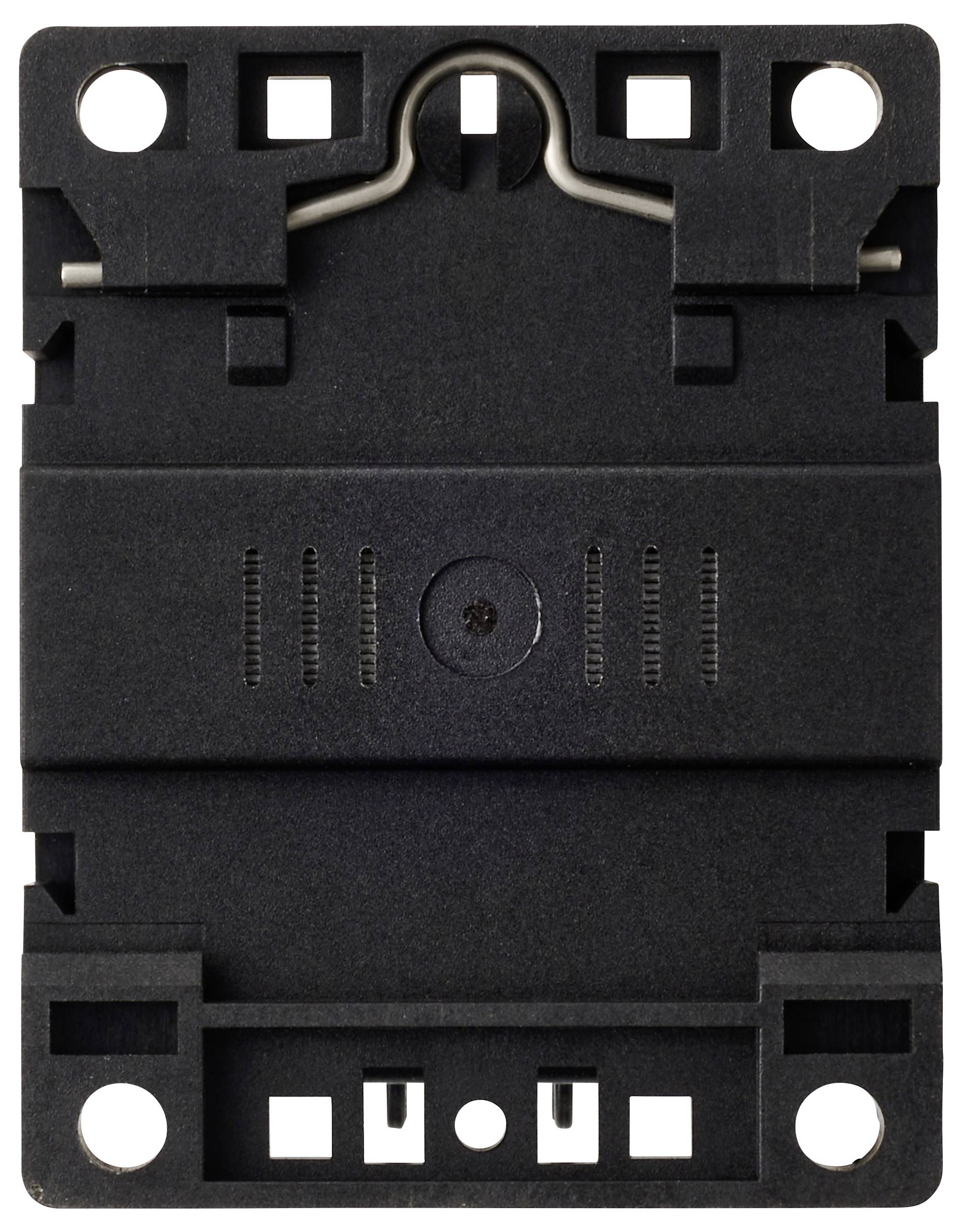 Das Bild zeigt eine schwarze elektrische Wandschalter-Komponente mit rechteckige Form, Schraublöchern an jeder Ecke und Metallkontakten.