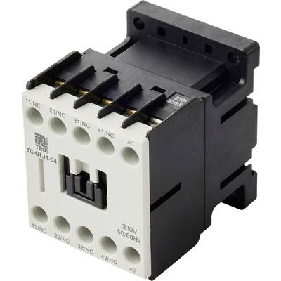 Ein schwarzer und weißer elektrischer Schütz mit mehreren Anschlüssen, beschriftet mit 'TRU TC-GLU1-04', ausgelegt für 230V, 50/60Hz, verwendet in industriellen Anwendungen.