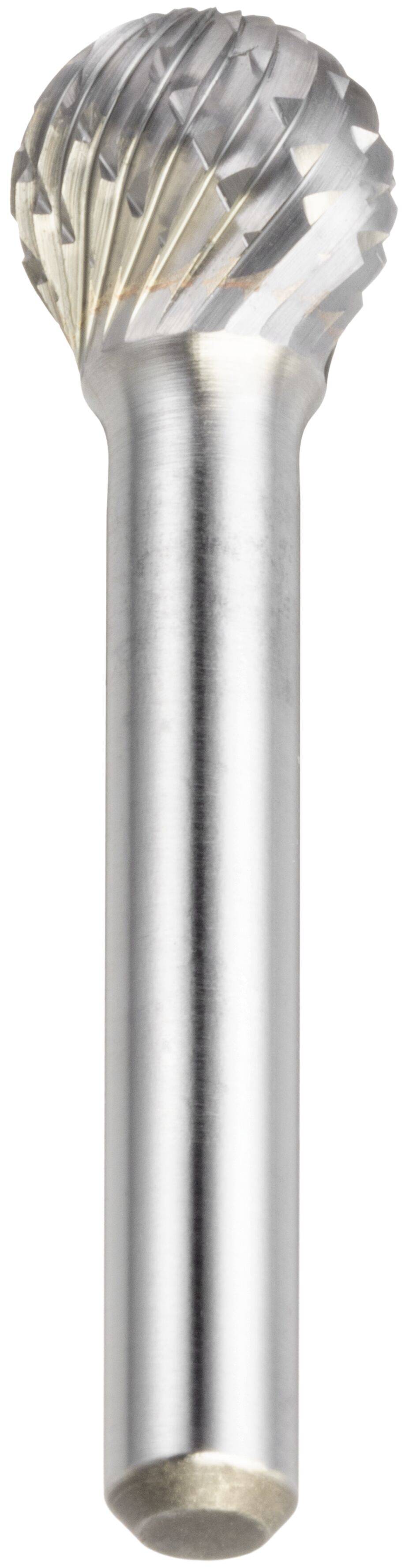Ein Metallrotationsbohrer mit einem abgerundeten, strukturierten Kopf und einem glatten zylindrischen Schaft, der typischerweise für detaillierte Schnitt- oder Formarbeiten verwendet wird.