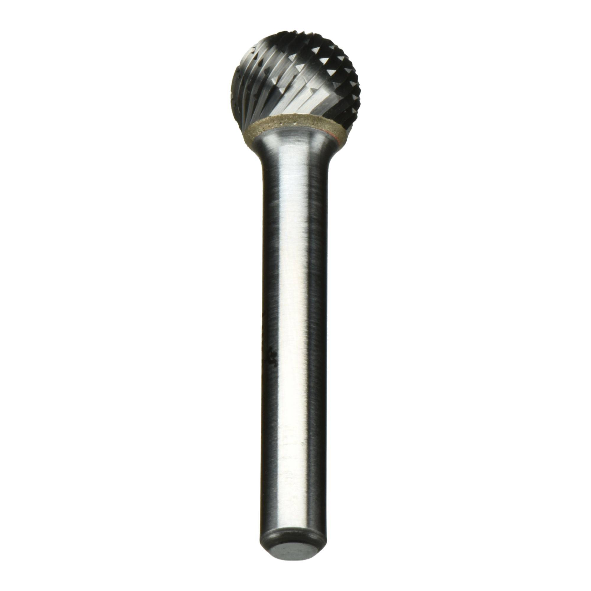 Metallische Rotationsfräser mit kugelförmigem Kopf und gerillter Oberfläche, verwendet zum Formen und Glätten von Metalloberflächen in industriellen Anwendungen.
