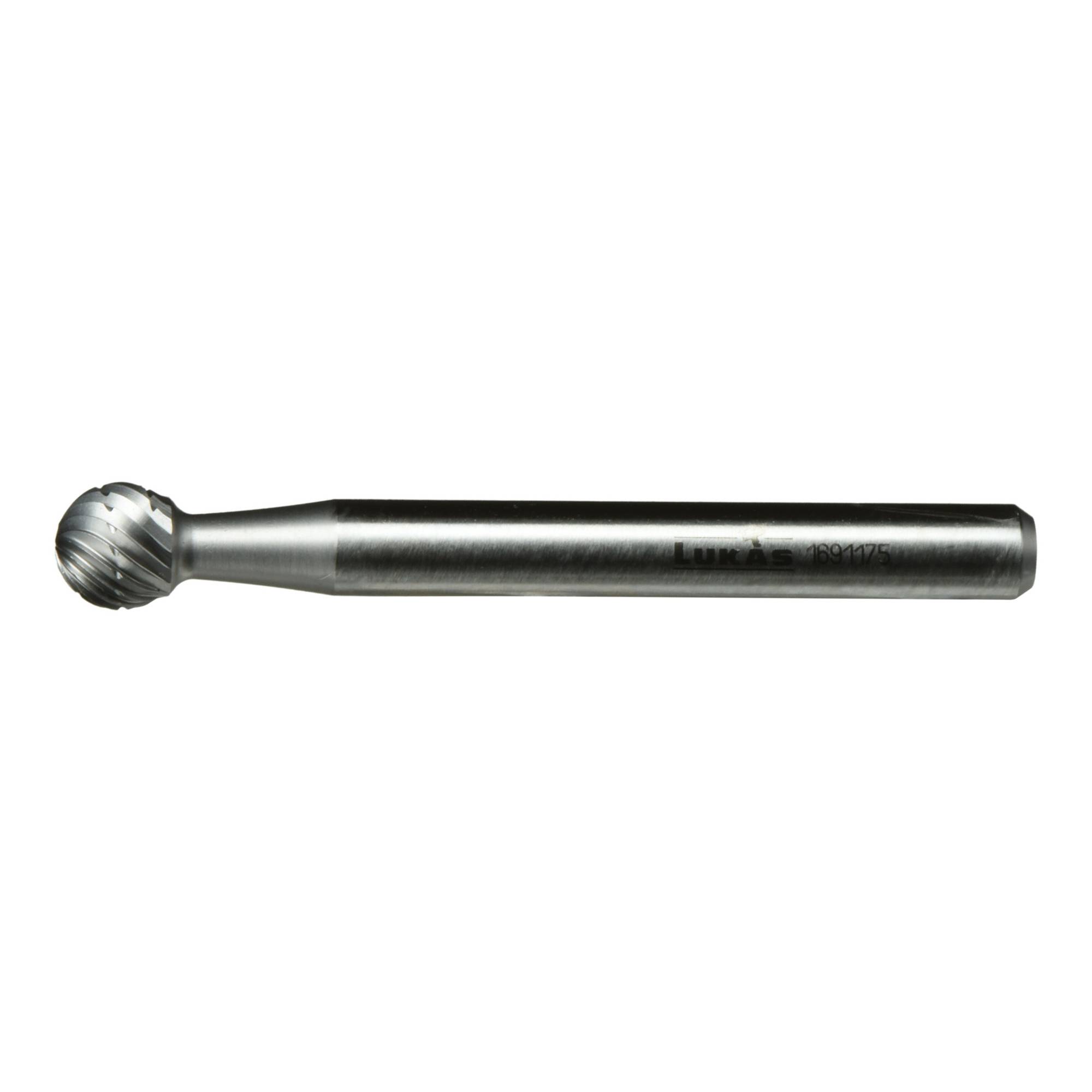 Ein metallischer zylindrischer Rotationsfräser mit sphärischer Spitze, der zum Schneiden, Formen oder Schleifen von Materialien verwendet wird.