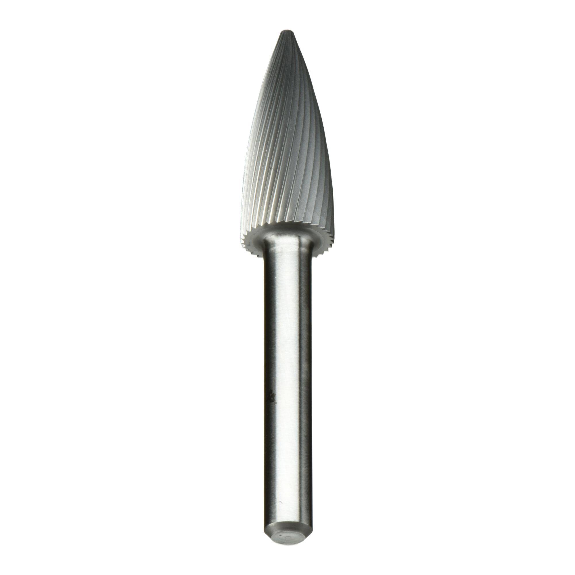 Ein zylindrischer Werkzeugschaft mit konischer Zuspitzung und Spiralrillen, verwendet zum Schleifen und Formen von Materialien.
