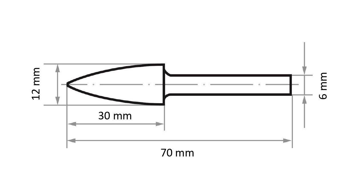 Eine technische Zeichnung eines zylindrischen Objekts mit konischer Spitze, gekennzeichnet mit Maßen: 12 mm Durchmesser, 70 mm Gesamtlänge und 30 mm Spitzenlänge.